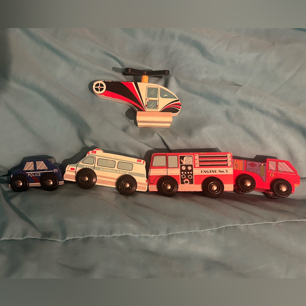 Vintage Wooden Emergency Vehicle Set - Red, Blue, Black